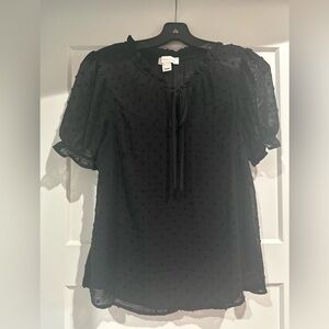 Black Ruffled Tie Front Short Sleeve Blouse